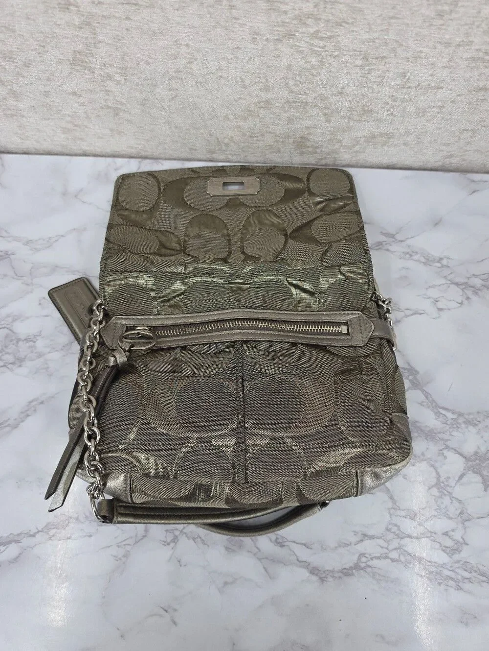 Coach Signature Canvas Jacquard Shoulder Bag in Metallic Pewter Chain Straps